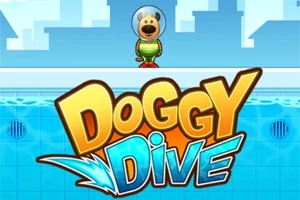 Köpek karakter, kaskla su kenarında duruyor ve büyük, renkli Doggy Dive yazısı ön planda