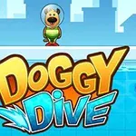 Köpek karakter, kaskla su kenarında duruyor ve büyük, renkli Doggy Dive yazısı ön planda