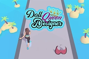 Bir kadın karakter uzun bir pistte yürürken etrafındaki adacıklar üzerinde palmiyeler bulunuyor ve üstte Doll Queen Designer metni yer alıyor