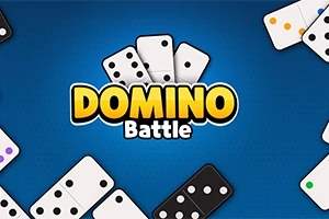 Mavi arka plan üzerinde çeşitli domino taşları ve ortada DOMINO Battle yazısı