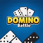 Mavi arka plan üzerinde çeşitli domino taşları ve ortada DOMINO Battle yazısı