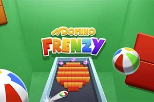 Yeşil bir arka plan üzerinde Domino Frenzy yazısı, renkli domino taşları ve plaj topları