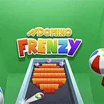Yeşil bir arka plan üzerinde Domino Frenzy yazısı, renkli domino taşları ve plaj topları