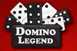 Kırmızı bir arka plan üzerinde siyah ve beyaz domino taşlarının yanı sıra Domino Legend yazısı