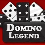 Kırmızı bir arka plan üzerinde siyah ve beyaz domino taşlarının yanı sıra Domino Legend yazısı