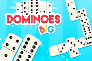 Mavi arka plan üzerinde dağılmış domino taşları ve DOMINOES BIG yazısı