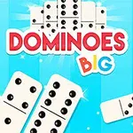 Mavi arka plan üzerinde dağılmış domino taşları ve DOMINOES BIG yazısı