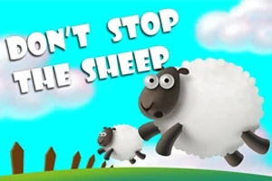 Mavi bir gökyüzü altında çitlerin önünde koşan iki koyun ve DONT STOP THE SHEEP yazısı
