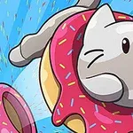 Pembe şekerli bir simidin içinden geçen sevimli gri kedi çizimi