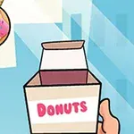 Elinde Donuts yazılı bir kutu tutulan, pembe renkli bir donut ve arka planda mavi tonlu geometrik şekiller