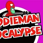 Kırmızı maskeli bir karakter, pembe arka plan üzerinde büyük siyah bir daireden çıkarken Doodieman Apocalypse yazısı