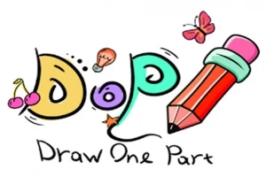 Çizgi tarzında büyük bir kurşun kalem, kirazlar, ampul ve kelebek ile süslenmiş renkli DOP: Draw One Part yazısı