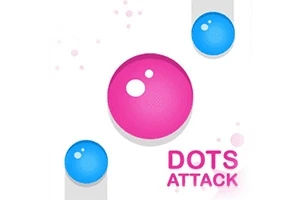 Beyaz arka plan üzerinde büyük pembe ve küçük mavi noktalar, sağ alt köşede Dots Attack yazısı