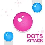 Beyaz arka plan üzerinde büyük pembe ve küçük mavi noktalar, sağ alt köşede Dots Attack yazısı