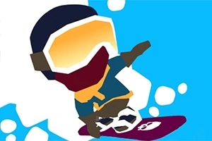 Kayak gözlüğü takmış, renkli kıyafetli bir karakter mor bir snowboard üzerinde kayıyor