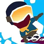 Kayak gözlüğü takmış, renkli kıyafetli bir karakter mor bir snowboard üzerinde kayıyor