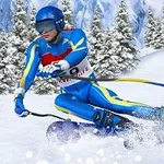 Mavi ve sarı kayak kıyafeti giymiş bir kayakçı, karlı bir dağda hızla kayıyor