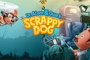 Dr. Atom & Quark: Scrappy Dog Çizgi karakterler, bilimsel ekipmanlar ve mekanik bir köpek tasarımıyla renklendirilmiş bir sahne