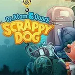 Dr. Atom & Quark: Scrappy Dog Çizgi karakterler, bilimsel ekipmanlar ve mekanik bir köpek tasarımıyla renklendirilmiş bir sahne