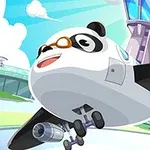 Panda tasarımlı bir uçak, gökyüzünde bir kontrol kulesinin önünde uçarken görülüyor