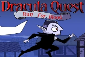 Koşan bir vampir karakteri, üzerinde Dracula Quest: Run For Blood yazılı bir arka planın önünde görülüyor