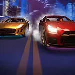 Gece vakti şehir sokaklarında yarışan kırmızı ve altın rengi iki spor araba