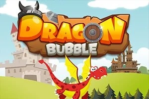 Karikatür tarzı bir ejderha ve kalelerin önünde Dragon Bubble yazısı
