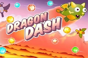 Yeşil kanatlı bir ejderha ve renkli mücevherlerin olduğu, Dragon Dash yazısının bulunduğu canlı bir arka plan