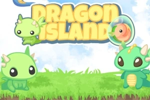 Yeşil bir çimenlikte üç sevimli, küçük ejderha karakteri ve arka planda Dragon Island yazısı