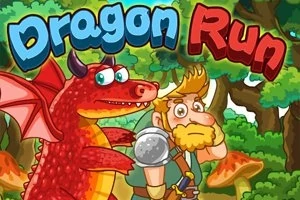 Kırmızı bir ejderha ve sakallı bir adam ormanda, renkli Dragon Run yazısı üzerinde