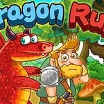 Kırmızı bir ejderha ve sakallı bir adam ormanda, renkli Dragon Run yazısı üzerinde