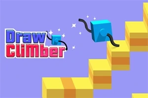 Mavi arka plan üzerinde, basamakları tırmanan mavi bir küp ve yanında Draw Climber yazısı