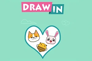 Kalp şeklinde çerçevenin içinde bir kedi, bir tavşan ve bir bal peteği ile yukarısında DRAW IN yazısı