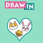 Kalp şeklinde çerçevenin içinde bir kedi, bir tavşan ve bir bal peteği ile yukarısında DRAW IN yazısı