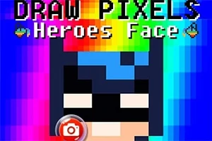 Pikselli bir kahraman yüzü, renkli bir arka plana karşı yerleştirilmiş, üstte DRAW PIXELS Heroes Face yazısı bulunmaktadır