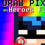 Pikselli bir kahraman yüzü, renkli bir arka plana karşı yerleştirilmiş, üstte DRAW PIXELS Heroes Face yazısı bulunmaktadır
