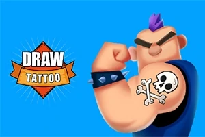Mavi arka planda, kolunda kafatası dövmesi olan kaslı bir karakter ve yanında Draw Tattoo yazısı