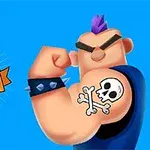 Mavi arka planda, kolunda kafatası dövmesi olan kaslı bir karakter ve yanında Draw Tattoo yazısı