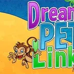 Renkli arka plan üzerinde, sağda beyaz bir papağan ve solda kahverengi bir maymunun yer aldığı Dream Pet Link yazısı