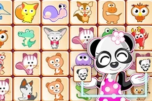 Çizgi hayvan karakterleriyle dolu kutucukların önünde pembe elbiseli bir panda figürü