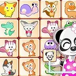 Çizgi hayvan karakterleriyle dolu kutucukların önünde pembe elbiseli bir panda figürü