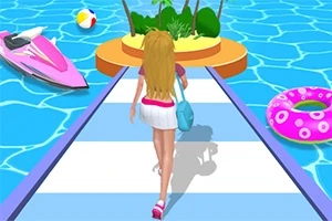Uzun saçlı bir kadın, beyaz ve mavi bir yol üzerinde yürüyerek tropikal bir adaya doğru ilerliyor; çevresinde deniz, bir pembe jet ski, bir plaj topu ve pembe simit bulunuyor
