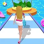 Uzun saçlı bir kadın, beyaz ve mavi bir yol üzerinde yürüyerek tropikal bir adaya doğru ilerliyor; çevresinde deniz, bir pembe jet ski, bir plaj topu ve pembe simit bulunuyor