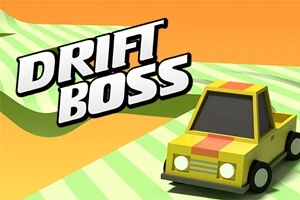 Sarı ve turuncu şeritli, karton tarzı tasarıma sahip bir arabayla birlikte DRIFT BOSS yazısı