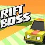 Sarı ve turuncu şeritli, karton tarzı tasarıma sahip bir arabayla birlikte DRIFT BOSS yazısı