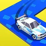 Sarı arka plan üzerinde, mavi bir pistte beyaz ve mavi tonlarında spor araba, viraj alırken arkada iz bırakıyor