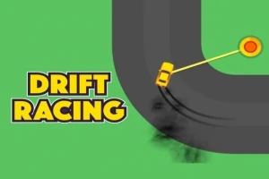 Yeşil arka plan üzerinde siyah bir pistte drift yapan sarı bir araba ve Drift Racing yazısı