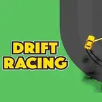 Yeşil arka plan üzerinde siyah bir pistte drift yapan sarı bir araba ve Drift Racing yazısı
