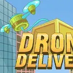 Drone taşıyan bir paketin ve büyük harflerle yazılmış Drone Delivery metninin ön planda olduğu bir şehir manzarası