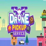 Görselde, Drone Pickup Service yazısı, kutular taşıyan bir drone ile birlikte renkli binalar ve ağaçlarla çevrilmiş iki platform yer alıyor